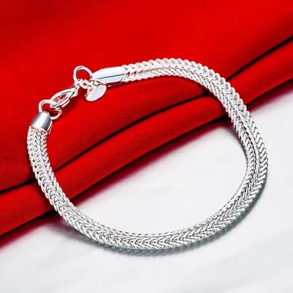 925 Silver Necklace & Bracelet Set 6mm Braided Chain Birthday Valentine's Gift